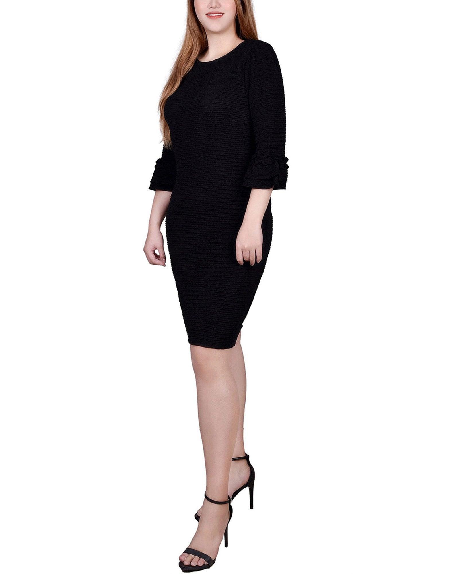 Black 3/4 Sleeve Textured Knit Dress - Petite Product Image