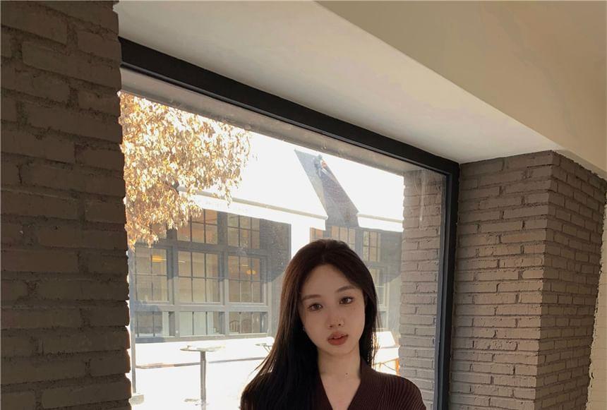 Long Sleeve V-Neck Plain Twist Ribbed Knit Top / High Waist Plain Maxi Pencil Skirt Product Image