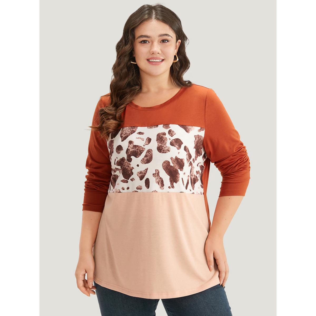 Plus Size Halloween Cow Pattern Contrast Patchwork T-shirt Chocolate Women Casual Patchwork Colorblock Round Neck Dailywear T-shirts BloomChic 26/4X Product Image