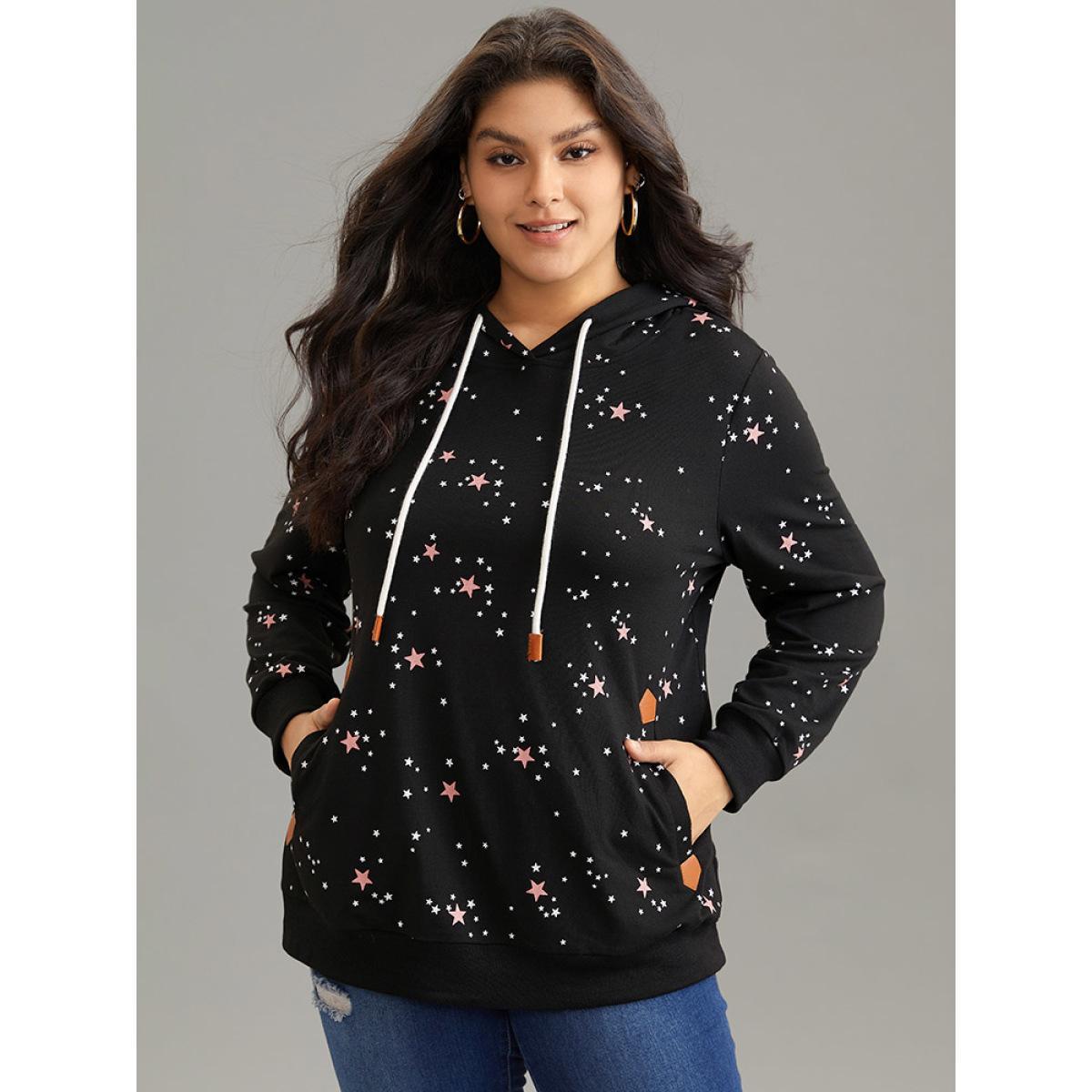 Plus Size Star Kangaroo Pocket Hooded Rib Knit Sweatshirt Women Black Casual Rib Knit Hooded Dailywear Sweatshirts BloomChic 28/5X Product Image