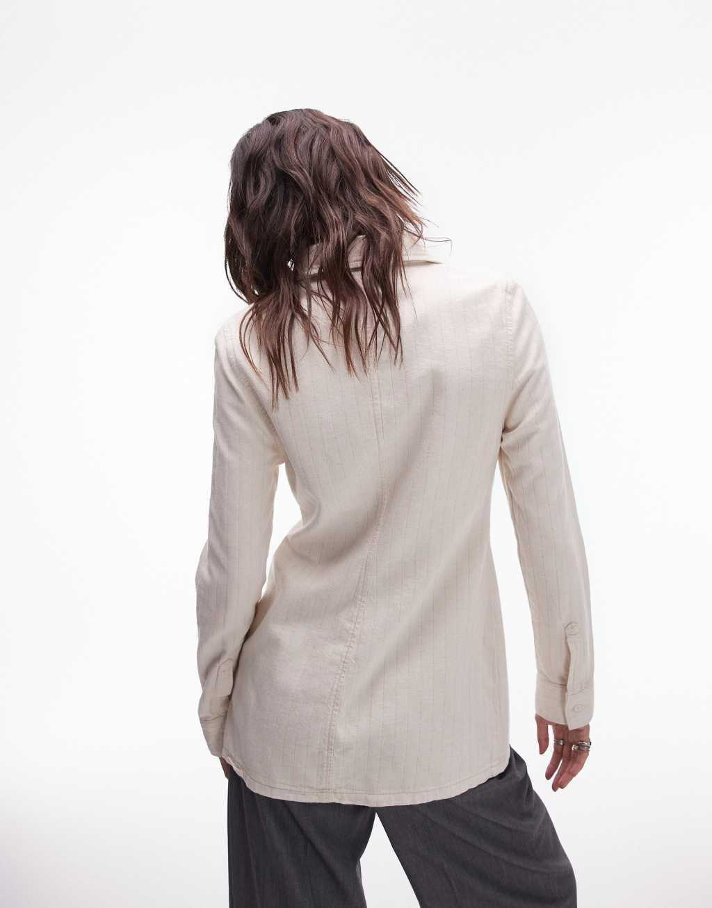 Topshop denim slim fit shirt in ecru stripe Product Image