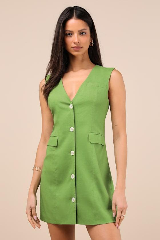 Mairi Green Linen Button-Front Sleeveless Mini Dress Product Image