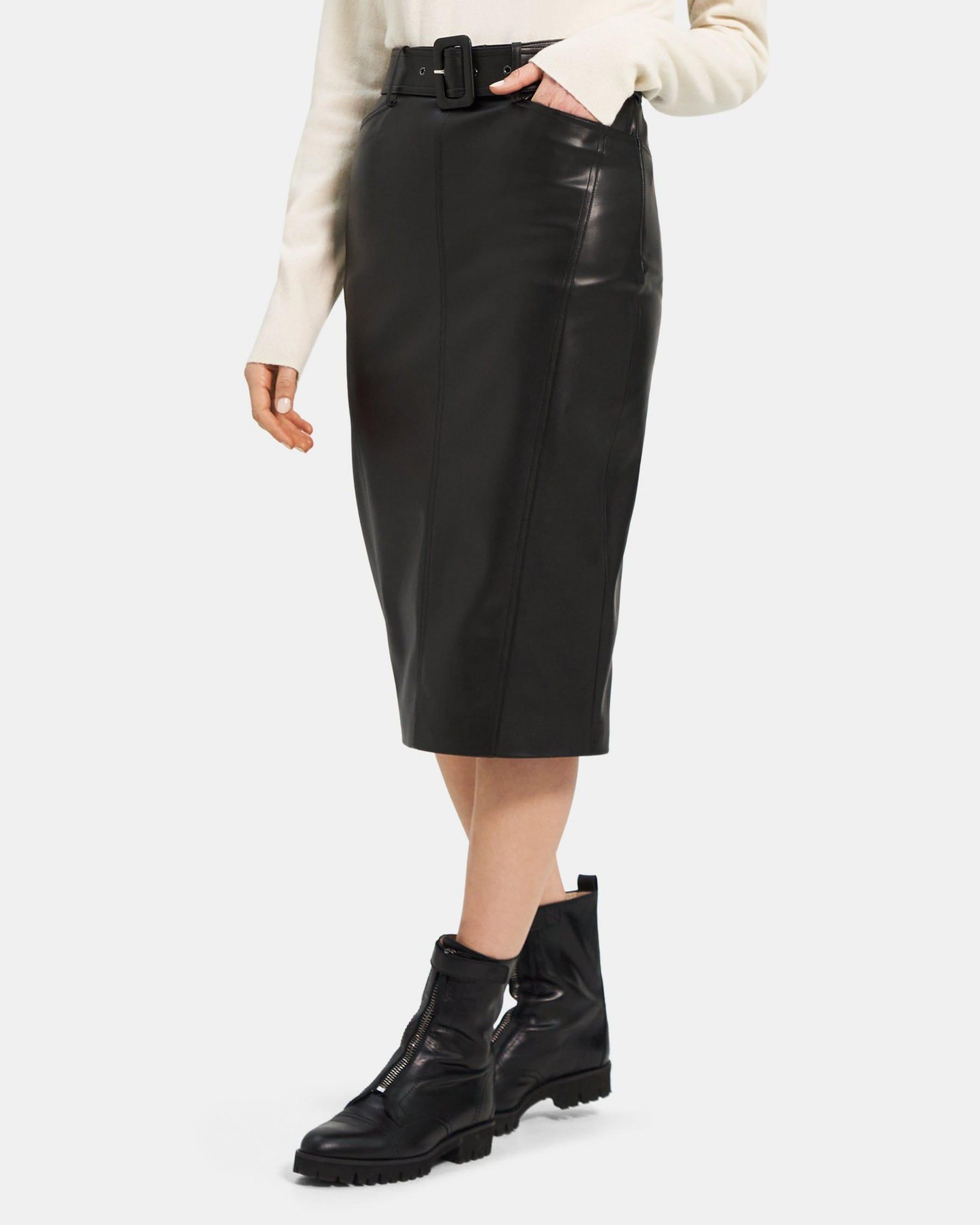 Belted Midi Skirt in Stretch Faux Leather Product Image