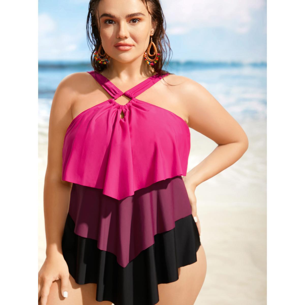 Plus Size Contrast Cut Out Tiered Hem One Piece Swimsuit Women's Swimwear Rosered Beach Contrast Curve Bathing Suits High stretch One Pieces BloomChic 26/4X Product Image
