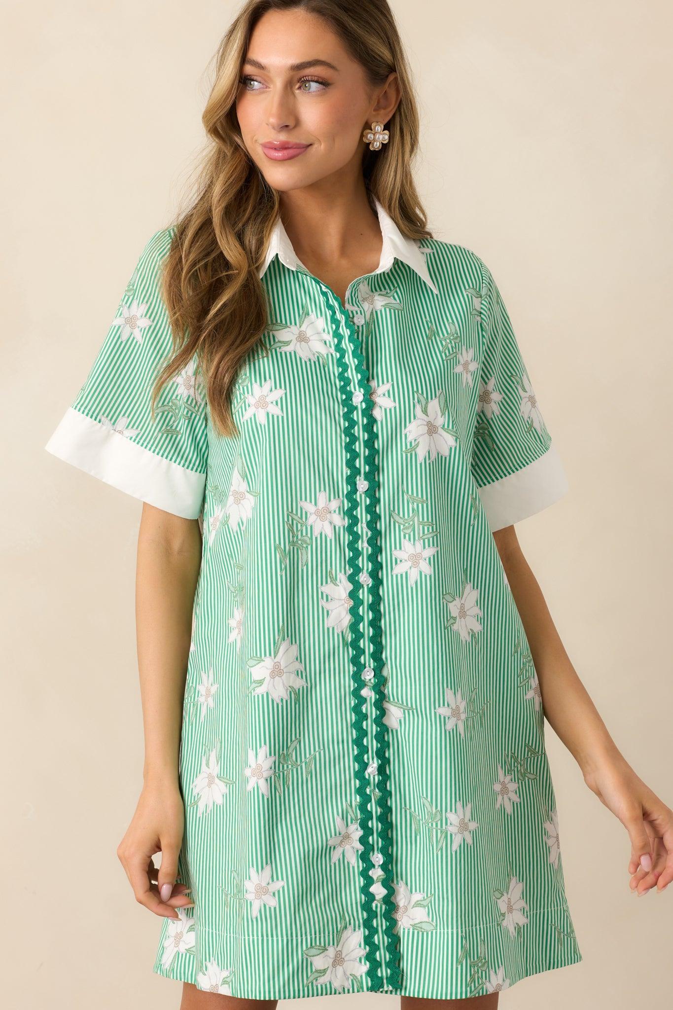 Lunch In The City Green Floral Cotton Mini Shirt Dress Product Image