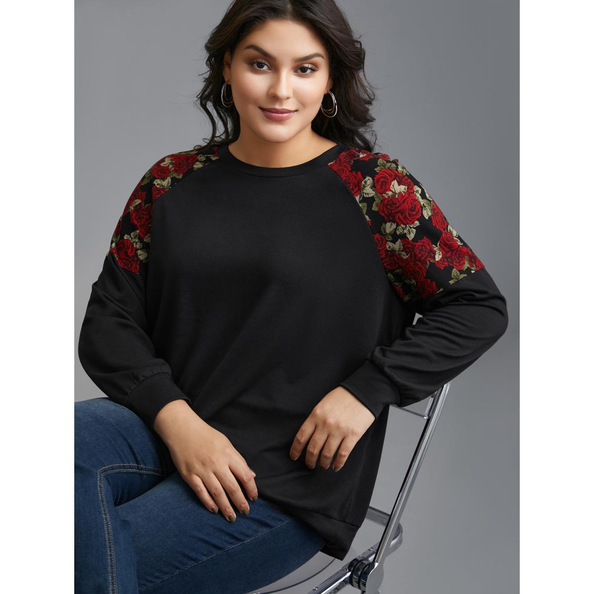 Plus Size Floral Raglan Sleeve Stretchy Fitted Sweatshirt Women Black Casual Contrast Round Neck Everyday Sweatshirts BloomChic 18-20/2X Product Image