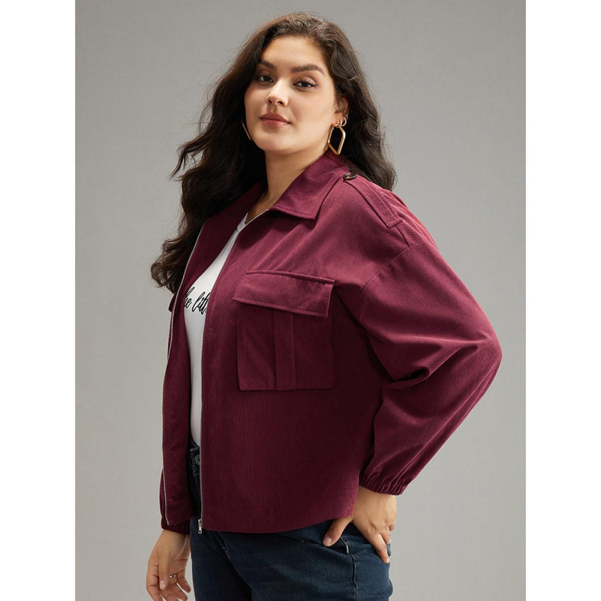 Plus Size Plain Pocket Zipper Elastic Cuffs Jacket Women Scarlet Elastic cuffs Pocket Dailywear Jackets BloomChic 26/4X Product Image