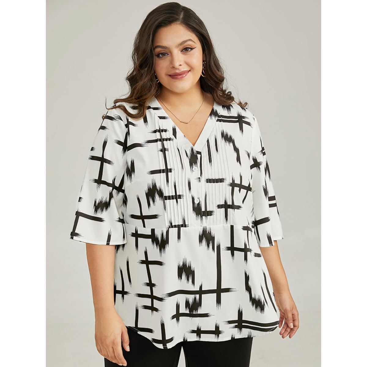 Plus Size Ivory Brush Print V Neck Pleated Ruffles Button Up Blouse Women Office Half Sleeve V-neck Work Blouses BloomChic 10/M Product Image