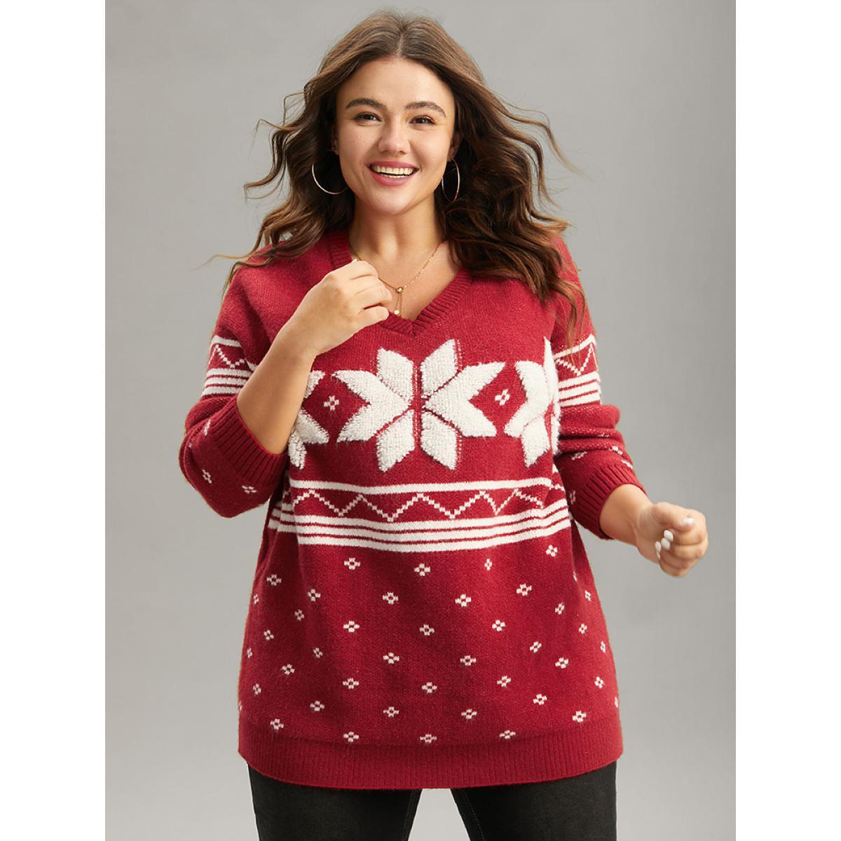 Plus Size Supersoft Essentials Towel Embroidered Snowflake Pullover Scarlet Women Casual Loose Long Sleeve V-neck Festival-Christmas Pullovers BloomChic 30/6X Product Image