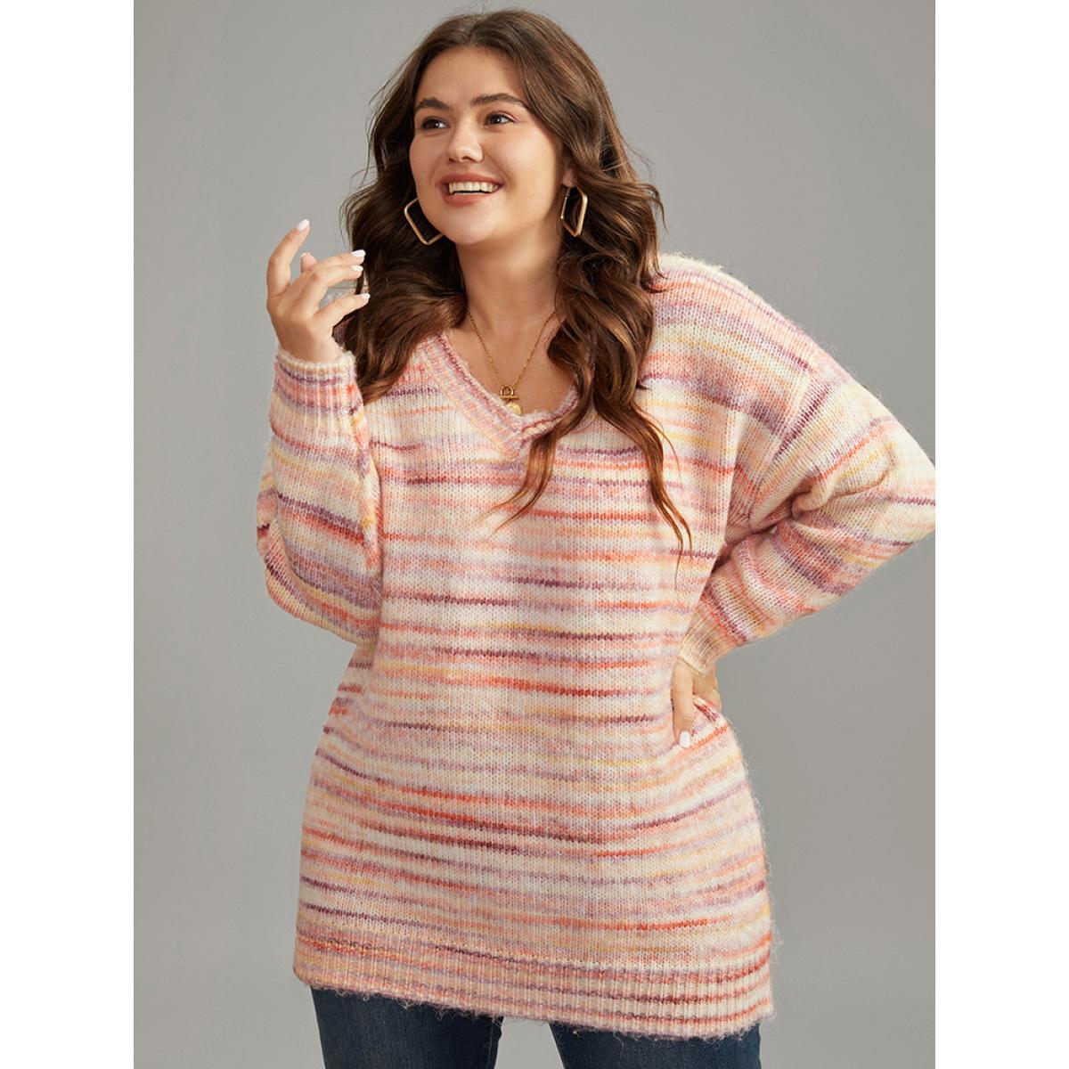 Plus Size Ombre Heather Drop Shoulder Pullover Multicolor Women Casual Loose Long Sleeve V-neck Everyday Pullovers BloomChic 26/4X Product Image