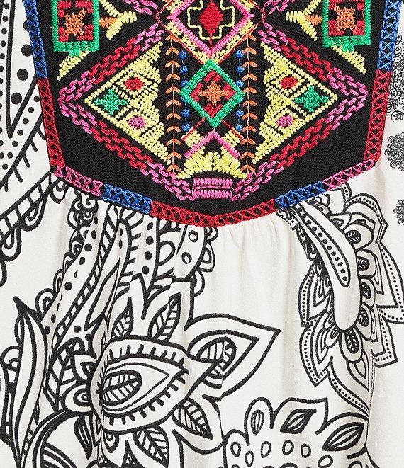 Calessa Petite Size Embroidered Patchwork Print Split V-Neck 3/4 Sleeve Tunic Product Image