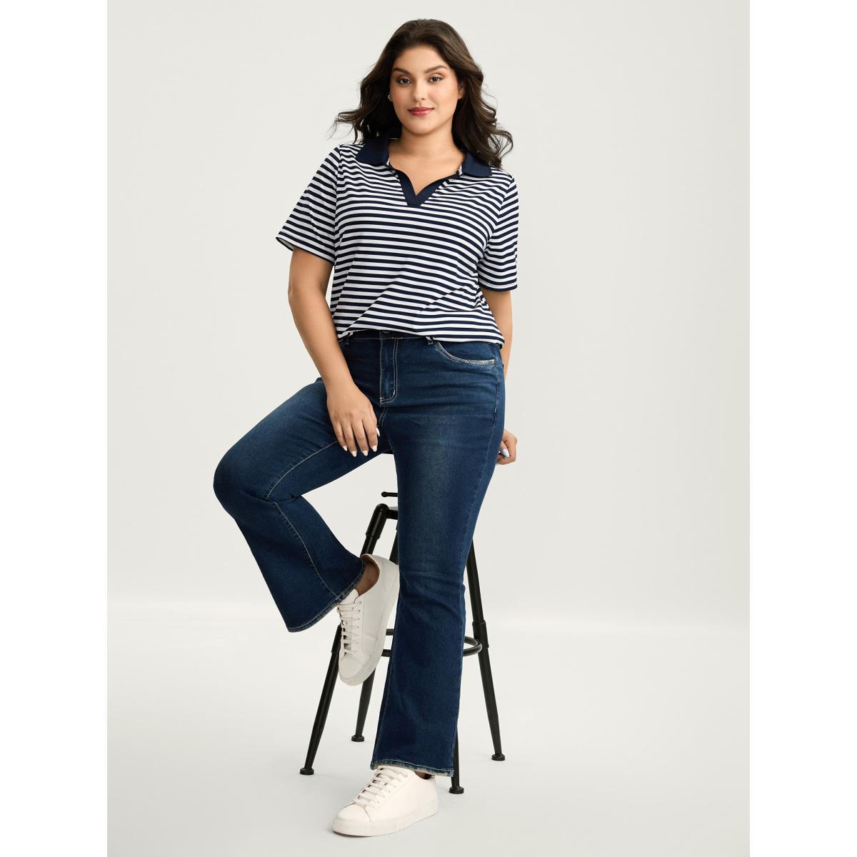 Plus Size Polo Collar Stripes Contrast T-Shirt Indigo Women Contrast Polo Everyday-Casual T-shirts BloomChic 18-20/2X Product Image