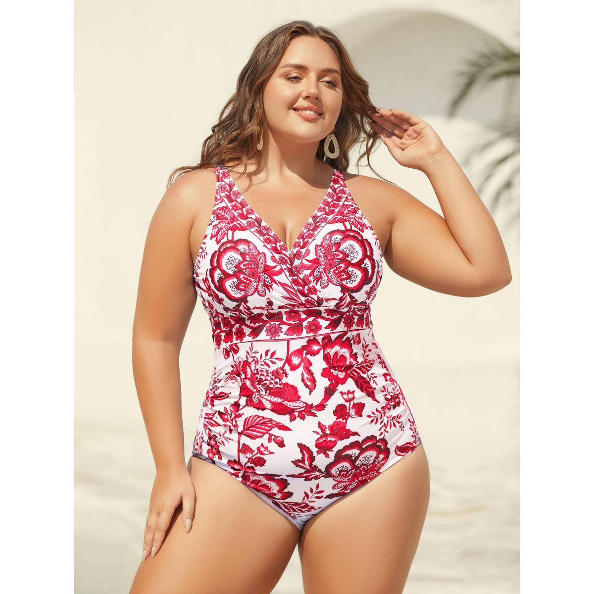 Plus Size Two-Piece Floral Print Ruched Mesh Swimsuit, Sarong Women's Swimwear Rosered Beach Gathered Curve Bathing Suits High stretch One Pieces BloomChic 14-16/1X Product Image