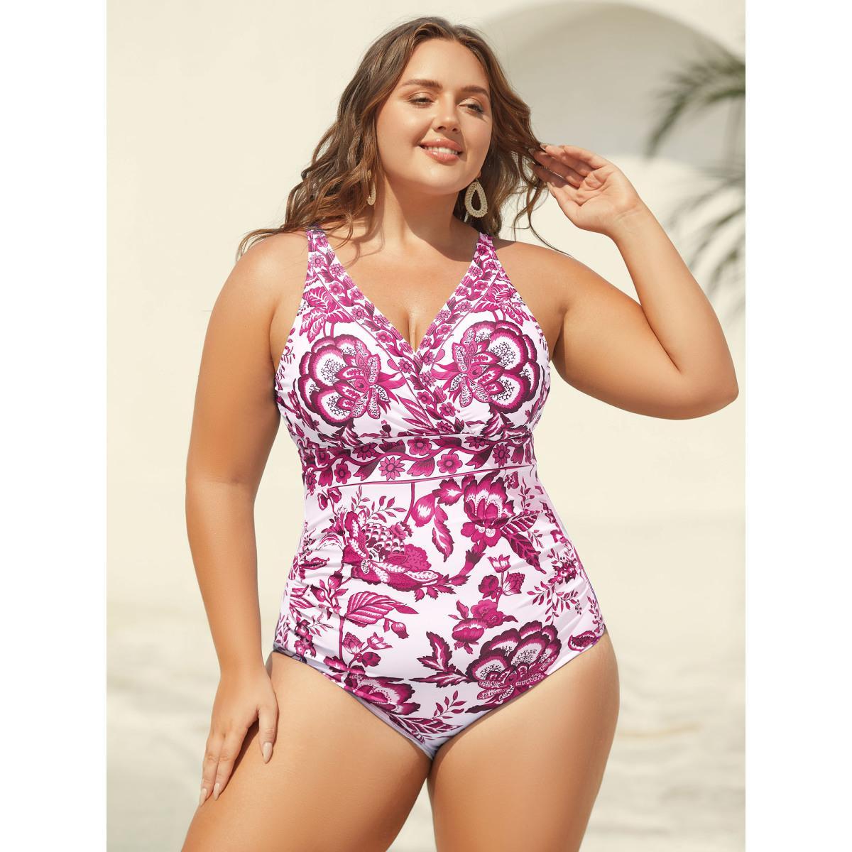Plus Size Two-Piece Floral Print Ruched Mesh Swimsuit, Sarong Women's Swimwear Rosered Beach Gathered Curve Bathing Suits High stretch One Pieces BloomChic 14-16/1X Product Image