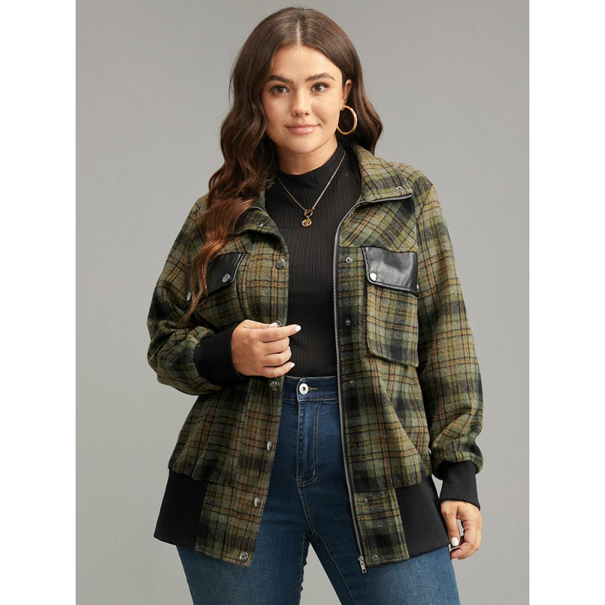 Plus Size Plaid Flap Pocket Zipper Fly Jacket Women Multicolor Elastic cuffs Pocket Dailywear Jackets BloomChic 18-20/2X Product Image