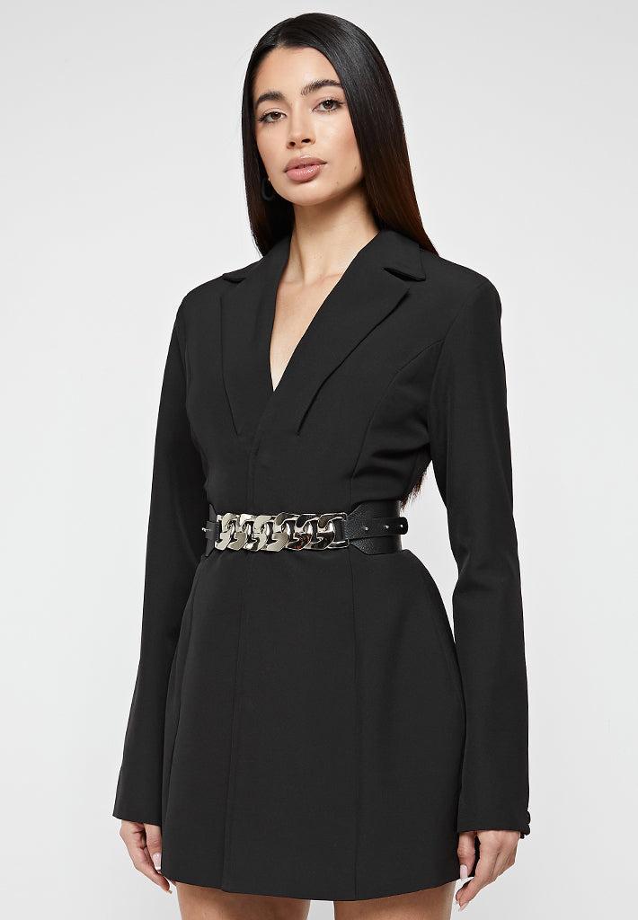 Chain Belted Blazer Dress - Black Female Product Image