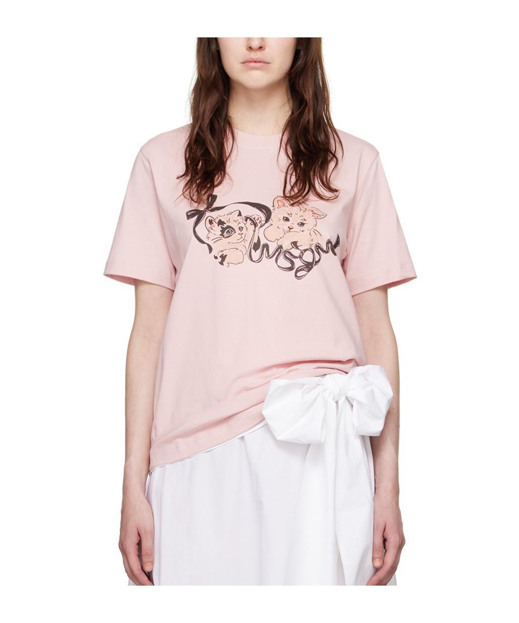 MSGM Cat-print Cotton T-shirt In Pink Product Image
