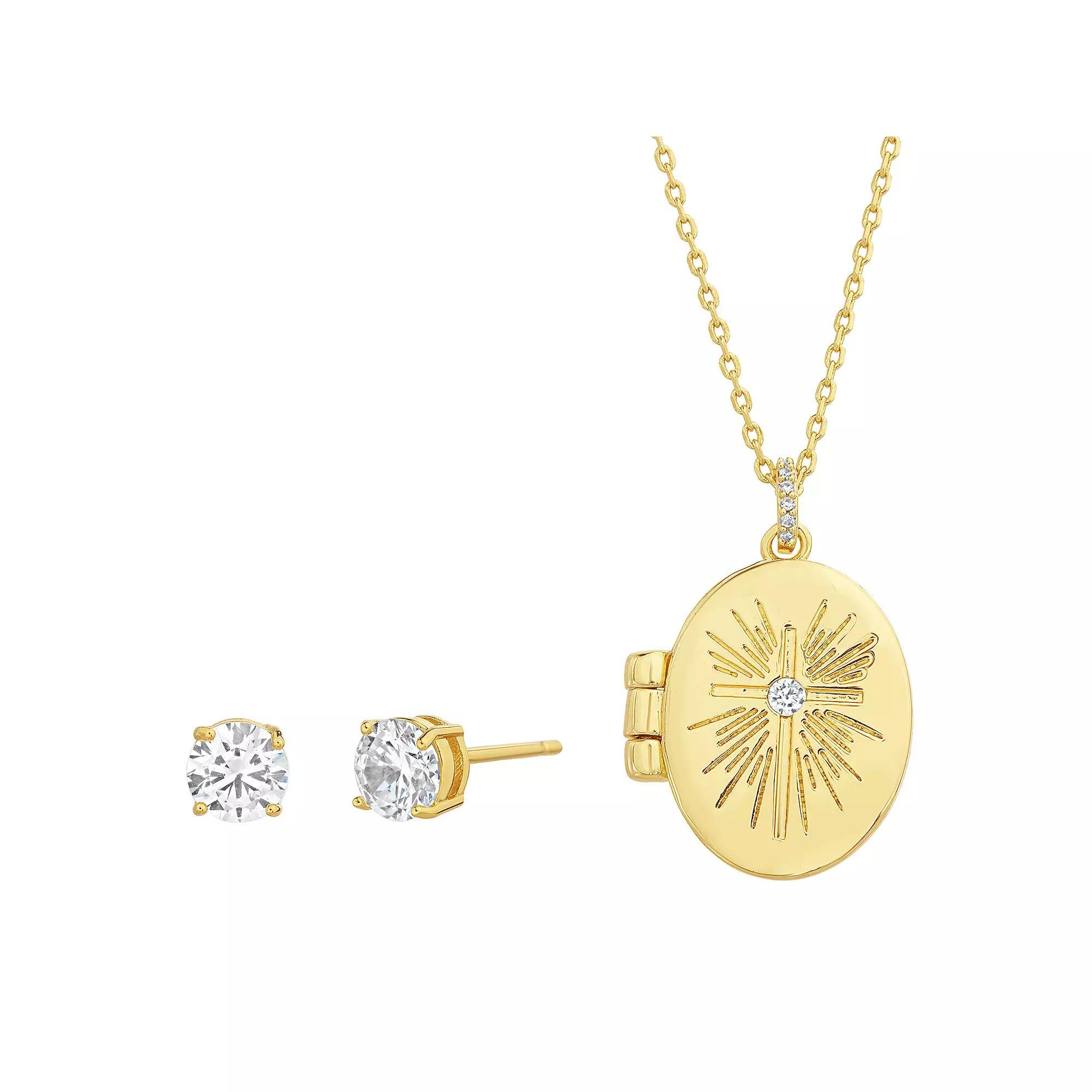 Guided by Faith 14k Gold Plated Cross Locket Necklace & Cubic Zirconia Stud Earring Set, Women's, Size: 18", Gold Tone Product Image
