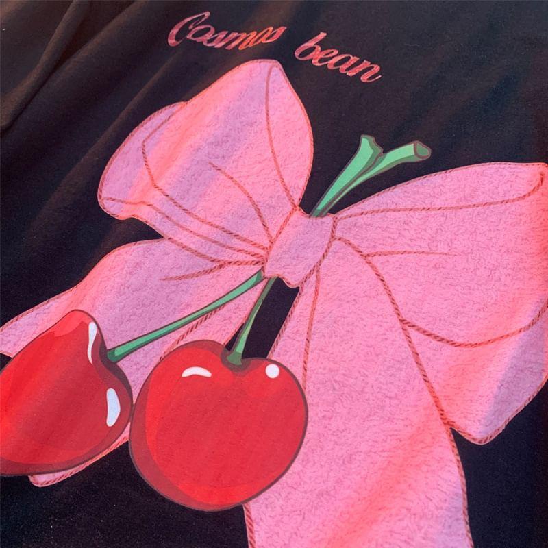 Short Sleeve Bow & Cherry Print Loose-Fit T-Shirt Product Image