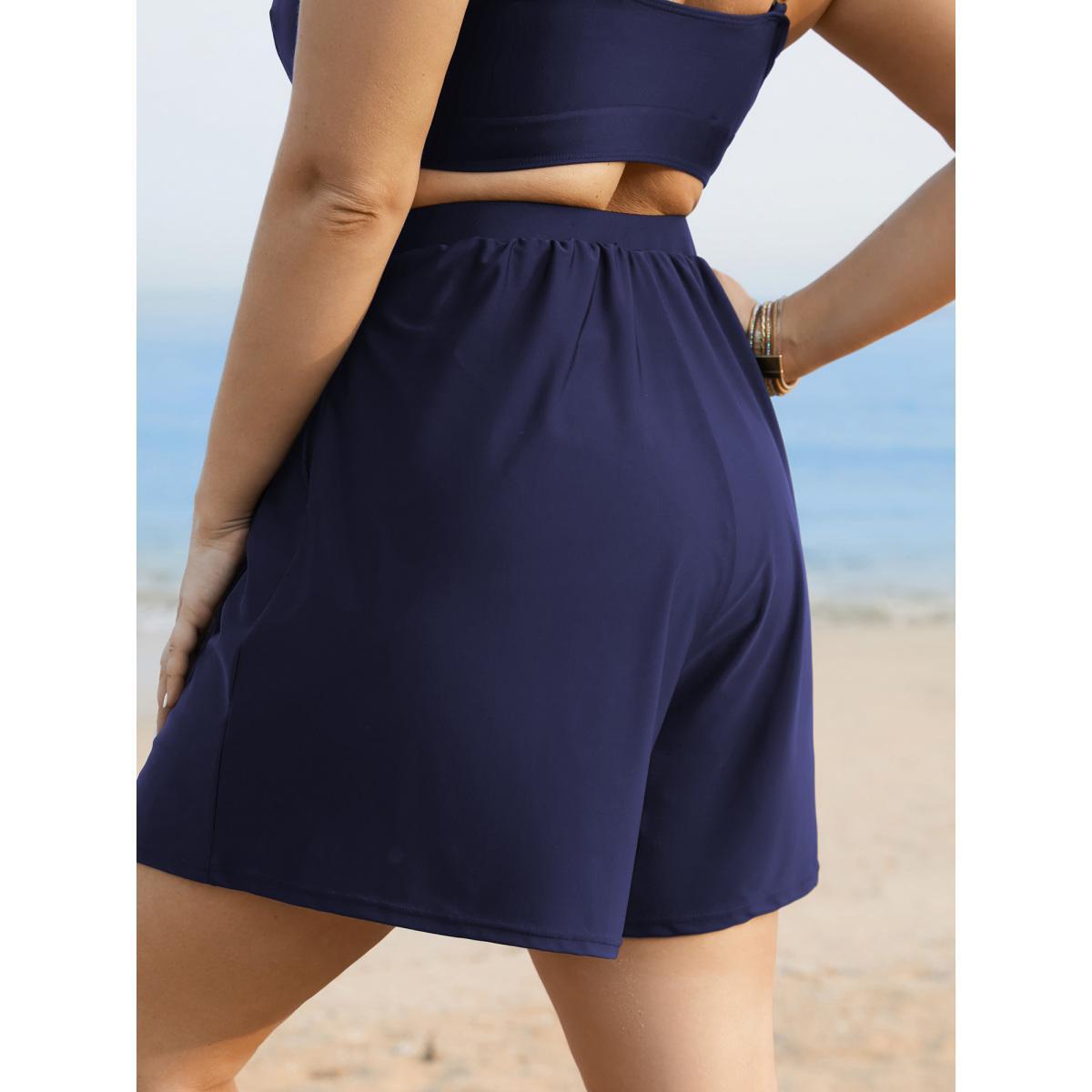 Plus Size Solid Slit Front Pocket Gathered Swim Bottom Women's Swimwear Indigo Beach Gathered High stretch Bodycon High Rise Side seam pocket Curve Swim Bottoms BloomChic 30/6X Product Image