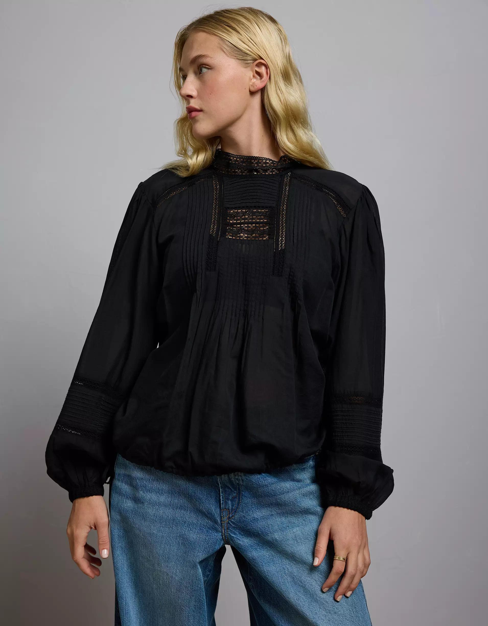 AE77 Premium Lace Peasant Blouse Product Image