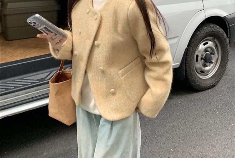 Round Neck Plain Double-Breasted Coat Product Image