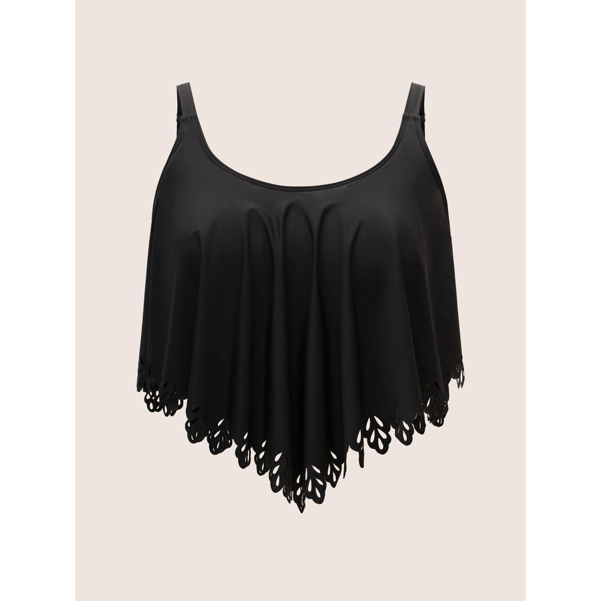 Plus Size Solid Ruffle Trim Laser Cut Swim Top Women's Swimwear Black Beach Cut-Out High stretch Bodycon U-neck Curve Swim Tops BloomChic 12/L Product Image