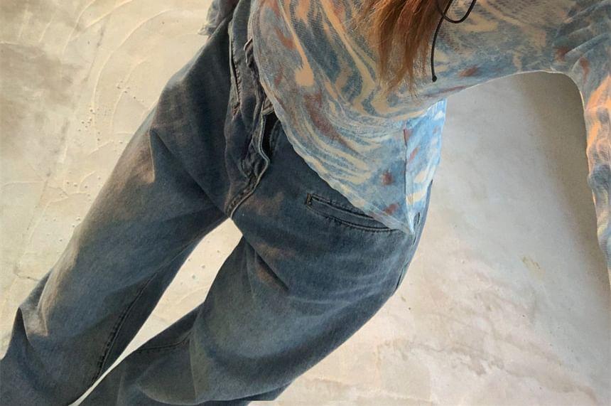 Long-Sleeve Off-Shoulder Tie Dye Asymmetrical Mesh Slim Fit Top Product Image