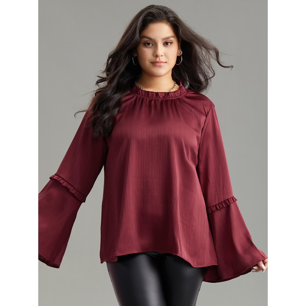 Plus Size Scarlet Plain Frill Trim Bell Sleeve Blouse Women Elegant Long Sleeve Round Neck Dailywear Blouses BloomChic 18-20/2X Product Image