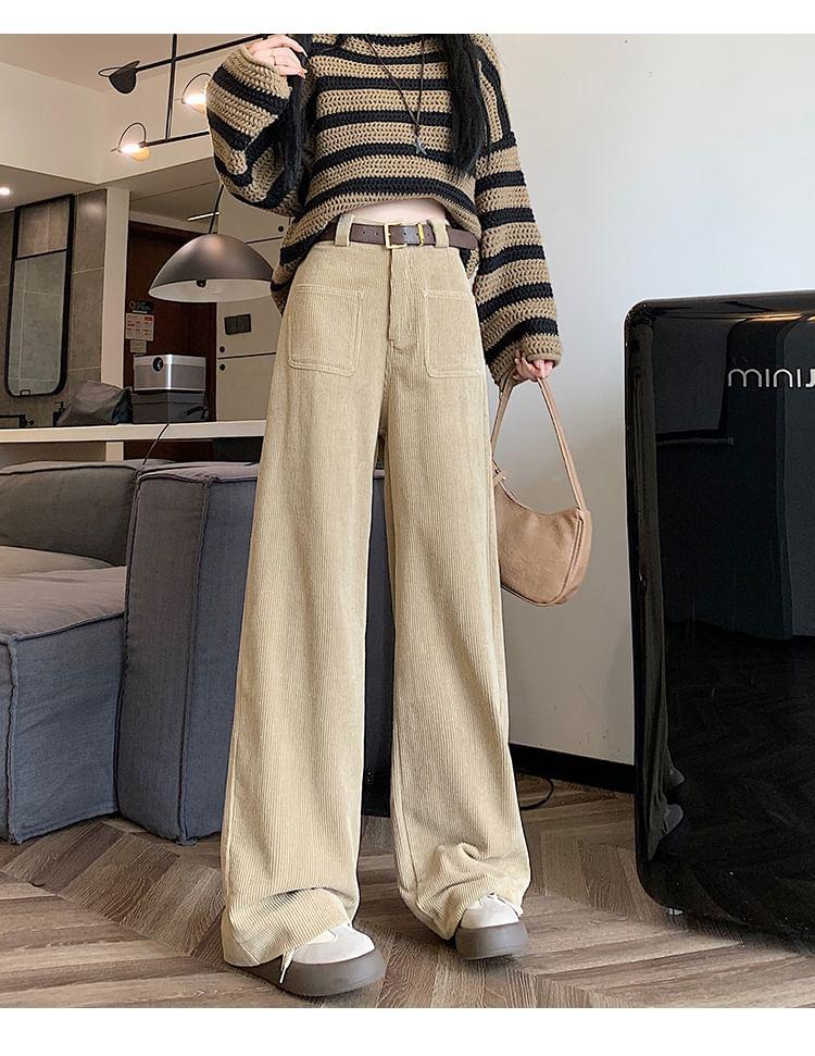 High Rise Plain Corduroy Wide Leg Pants / Belt / Set Product Image