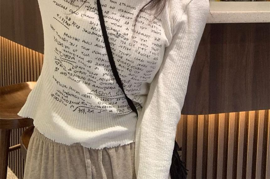 Long-Sleeve Crew Neck Lettering Print Ribbed T-Shirt (Various Designs) Product Image