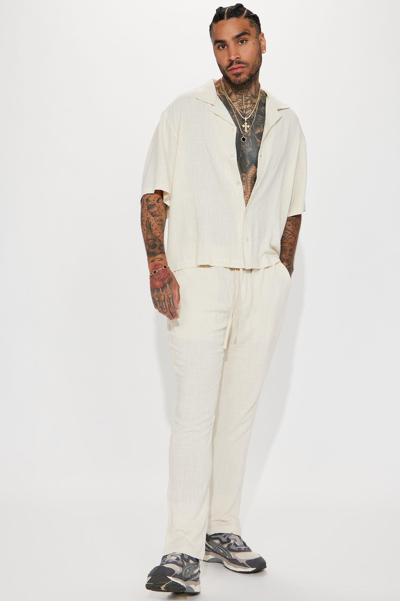 Solid Textured Linen Pull On Side Slit Pants- Cream Product Image