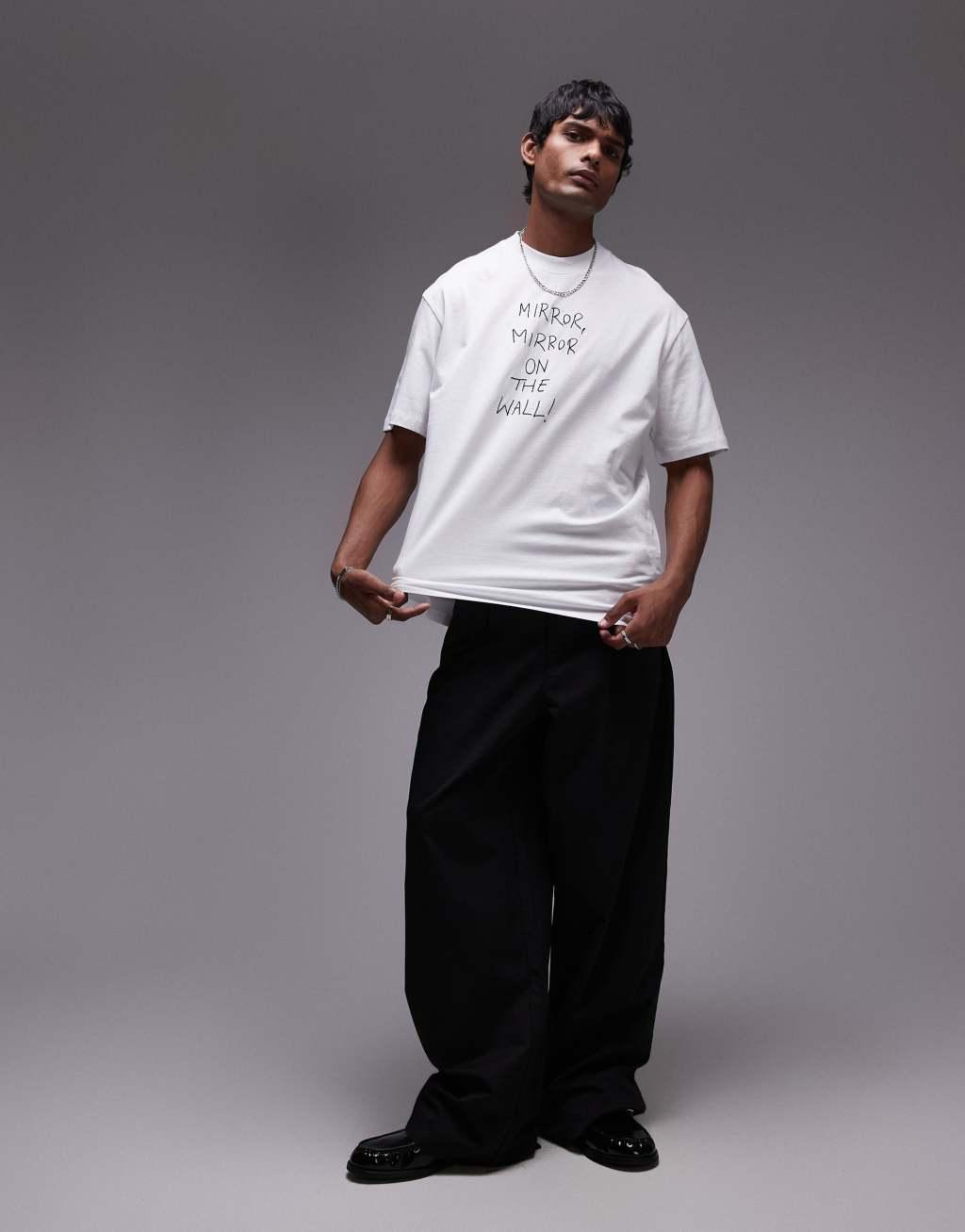 Topman oversized fit t-shirt with mirror mirror embroidery in white Product Image