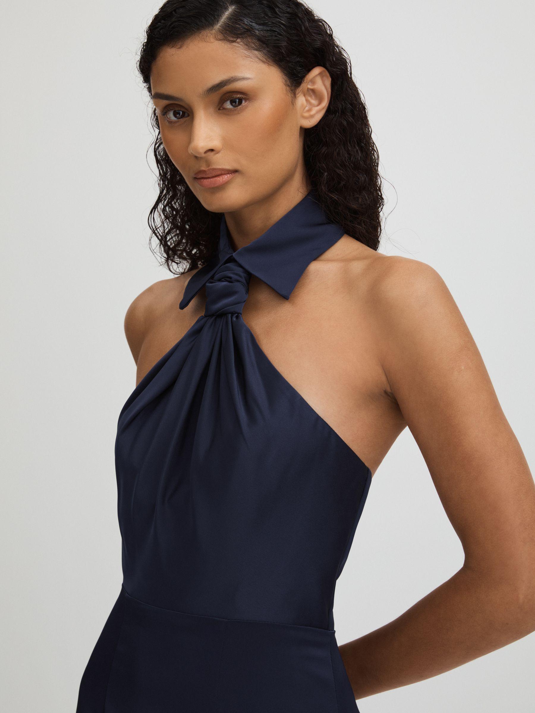 Gemi Navy Halston Satin Halter Neck Maxi Dress Product Image