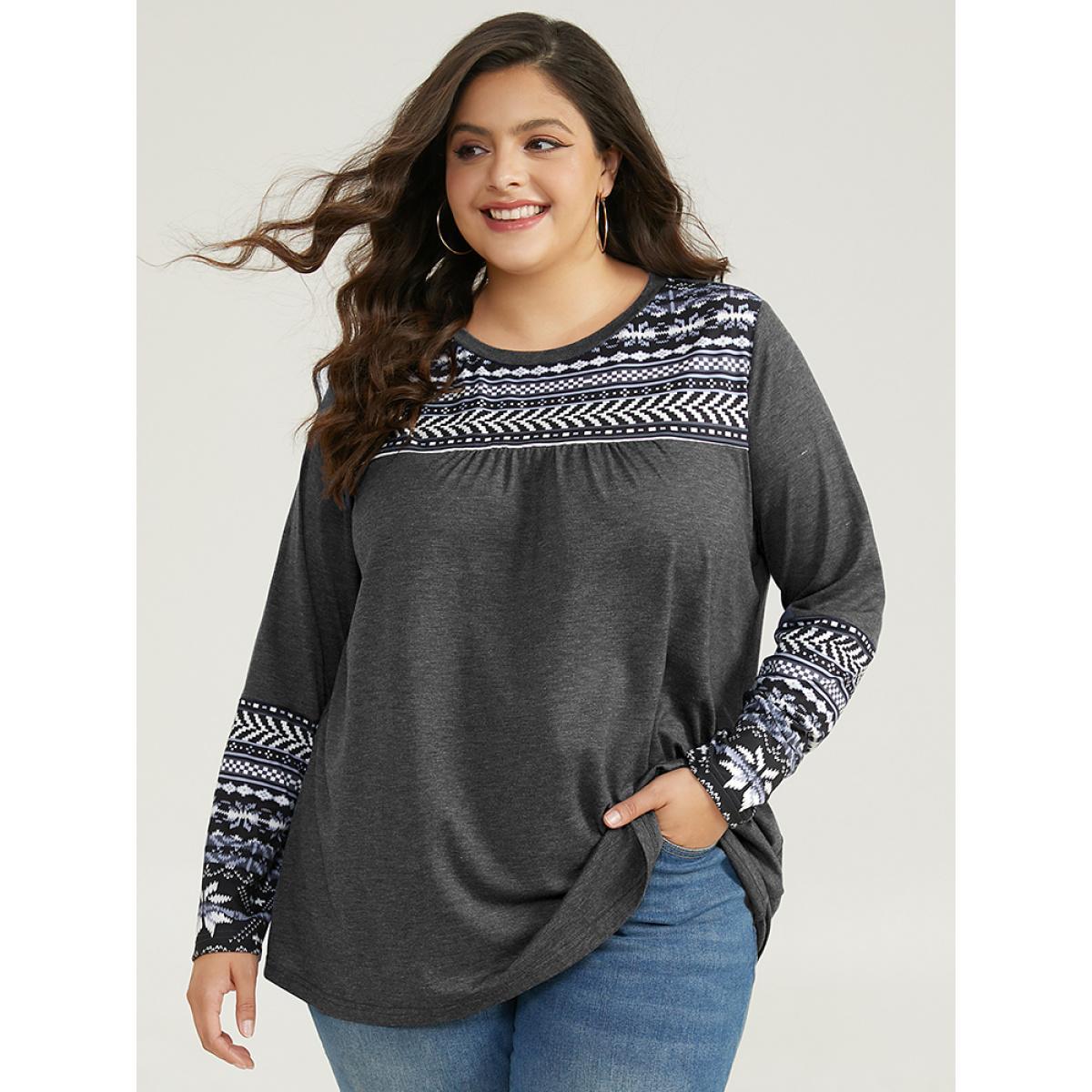 Plus Size Boho Print Round Neck Gathered T-shirt Gray Women Casual Patchwork Bohemian Print Round Neck Dailywear T-shirts BloomChic 22-24/3X Product Image