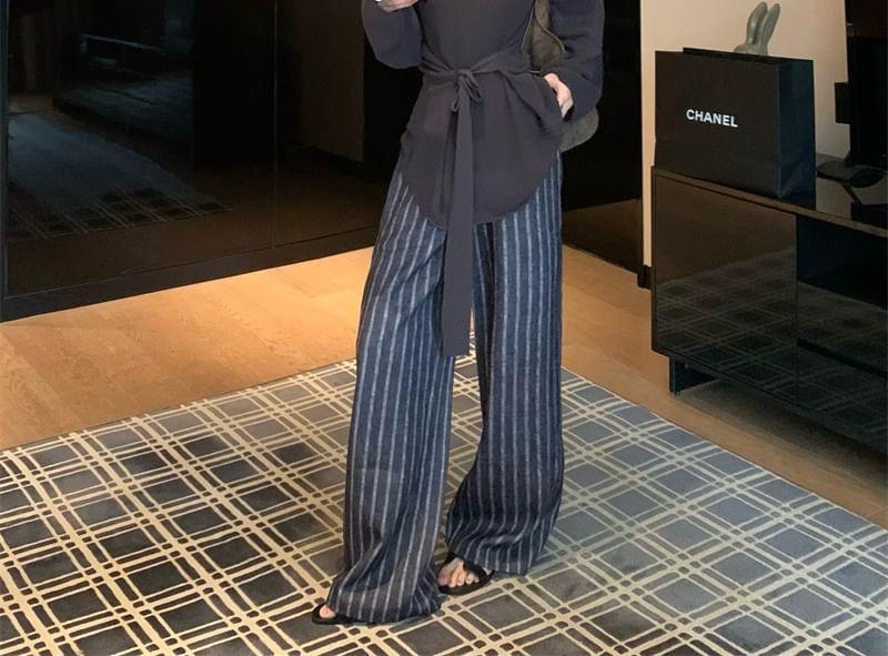 Long-Sleeve Plain Loose-Fit Knit Top / Striped Loose-Fit Pants Product Image