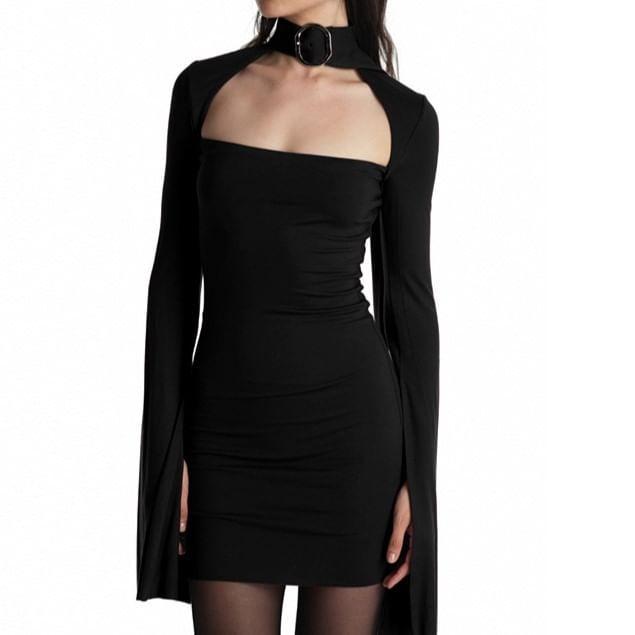 Flared-Sleeve Mock Neck Plain Buckled Mini Bodycon Dress Product Image