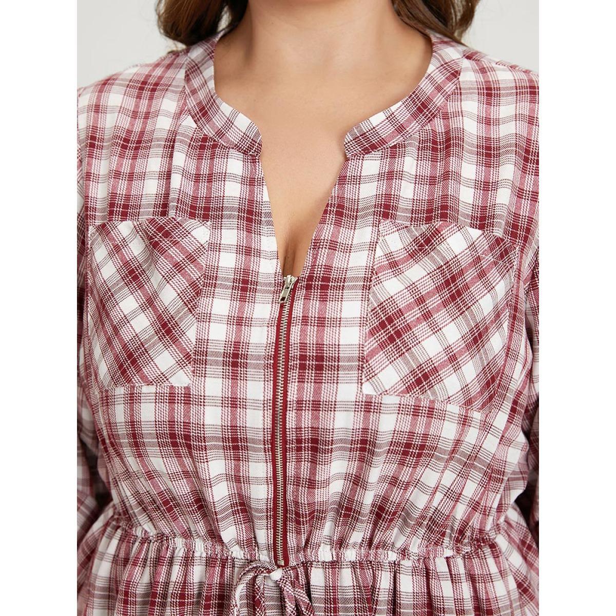 Plus Size Plaid Drawstring Zipper Notched Tab Sleeve Dress Raspberry Women Elegant Zipper Notched collar Long Sleeve Curvy Knee Dress BloomChic 10/M Product Image