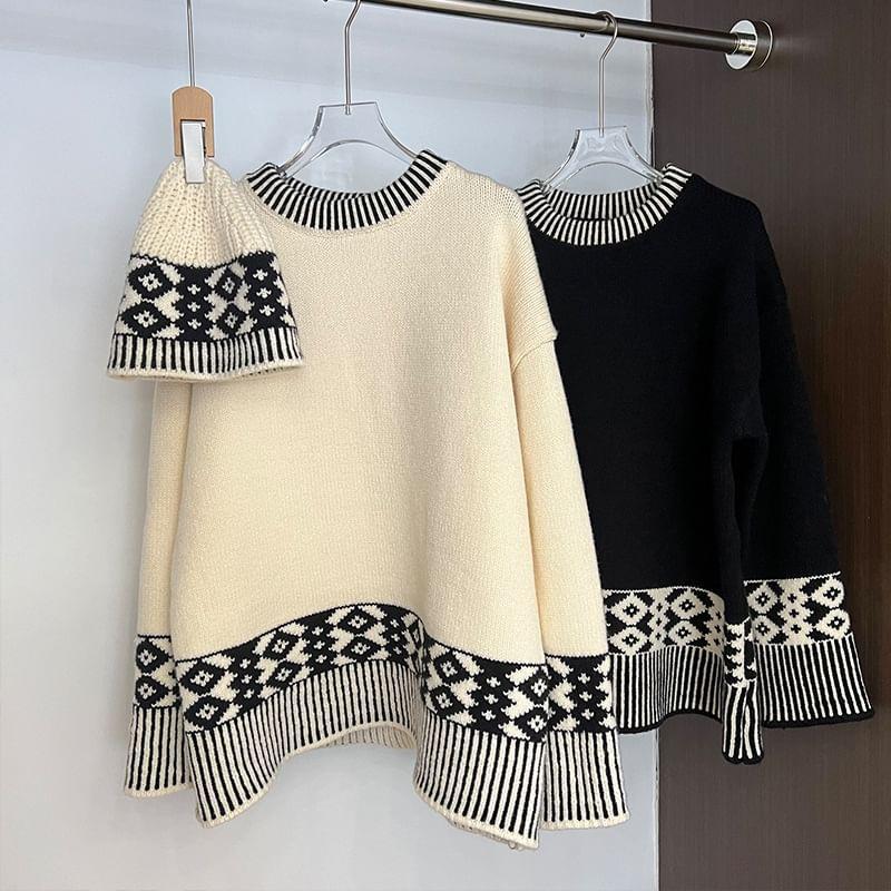 Crew Neck Ribbon Ribbed Sweater Product Image