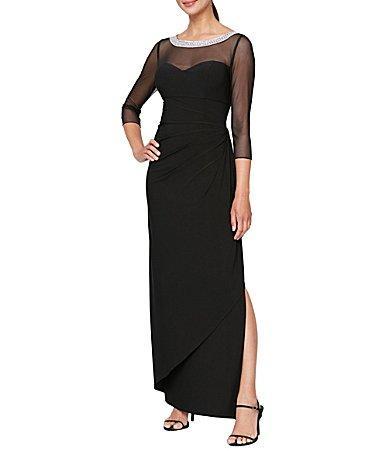 Alex Evenings Illusion Mesh 34 Sleeve Round Neck Side Slit Ruched Gown Product Image