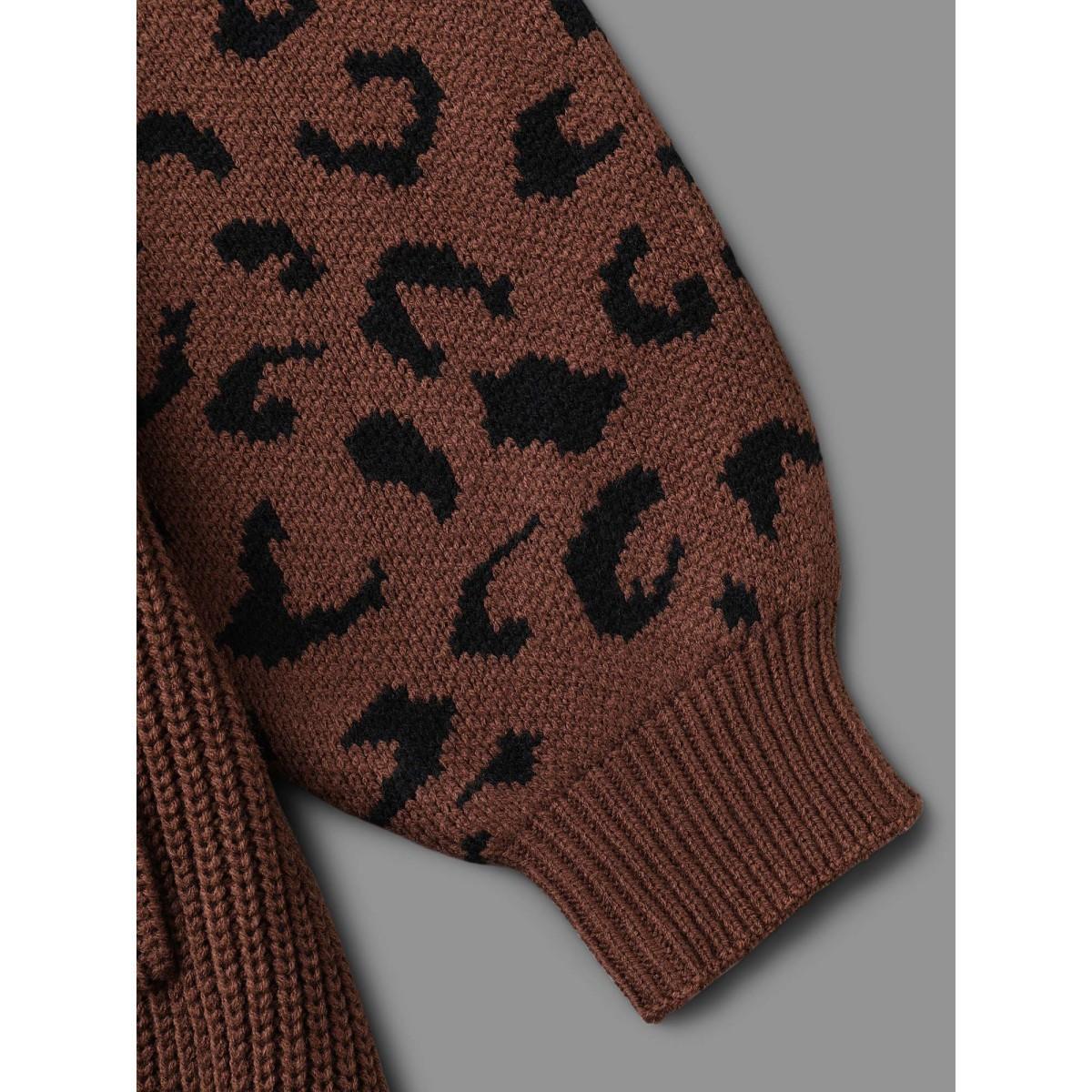 Plus Size Leopard Print Patchwork Lantern Sleeve Cardigan Browncoffeecolor Women Casual Loose Long Sleeve Everyday Cardigans BloomChic 14-16/1X Product Image