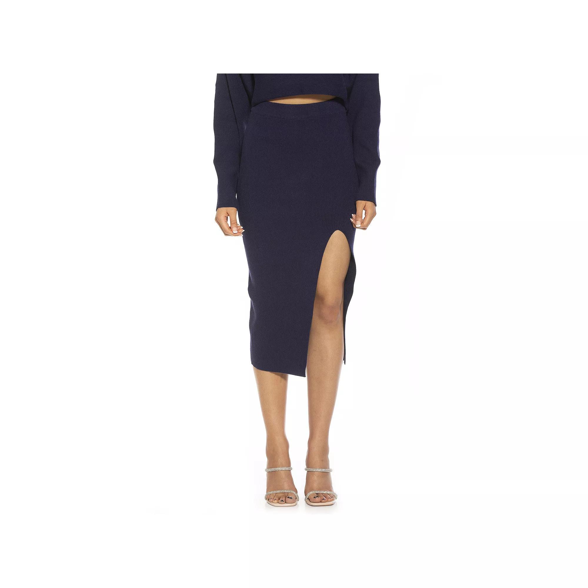 Women's ALEXIA ADMOR Ribbed Knit High Slit Midi Skirt, Size: Large, Blue Product Image