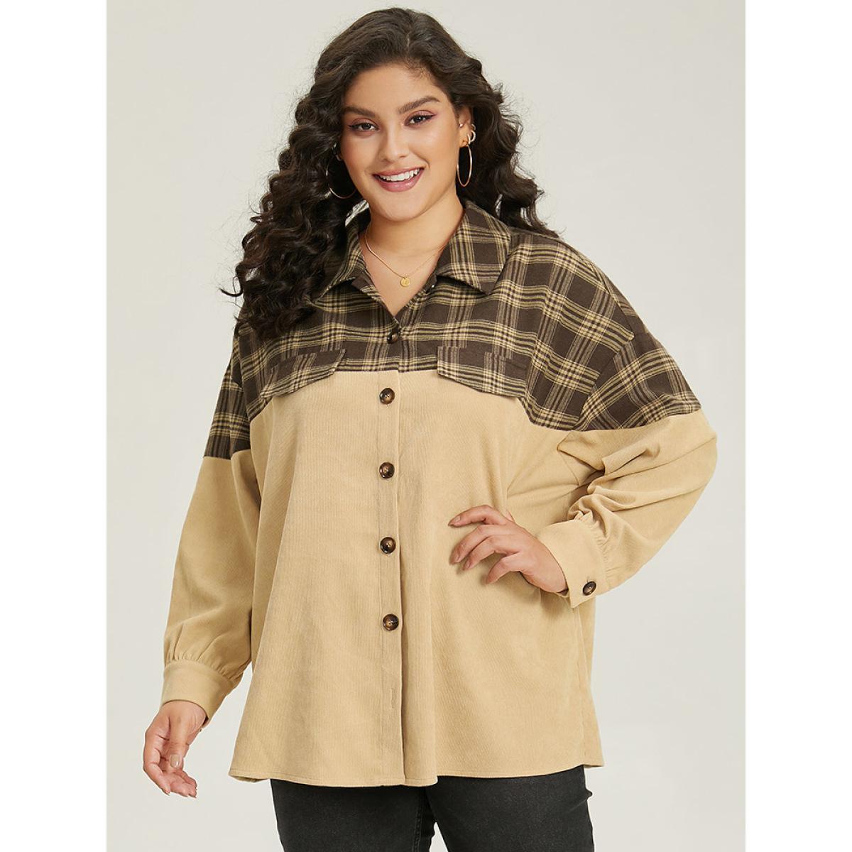 Plus Size Plaid Button Through Patchwork Contrast Jacket Women Tan Contrast Dailywear Jackets BloomChic 10/M Product Image