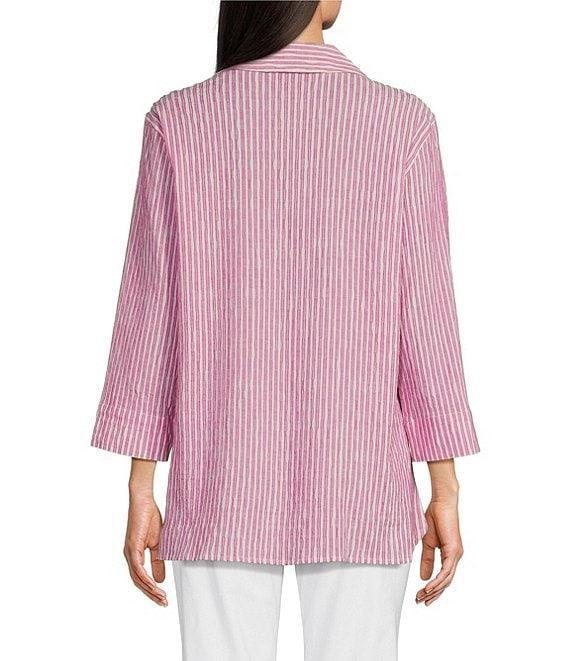 Ali Miles Yarn-Dye Striped Wire Neck 3/4 Sleeve Hi-Low Hem Button Front Tunic Product Image