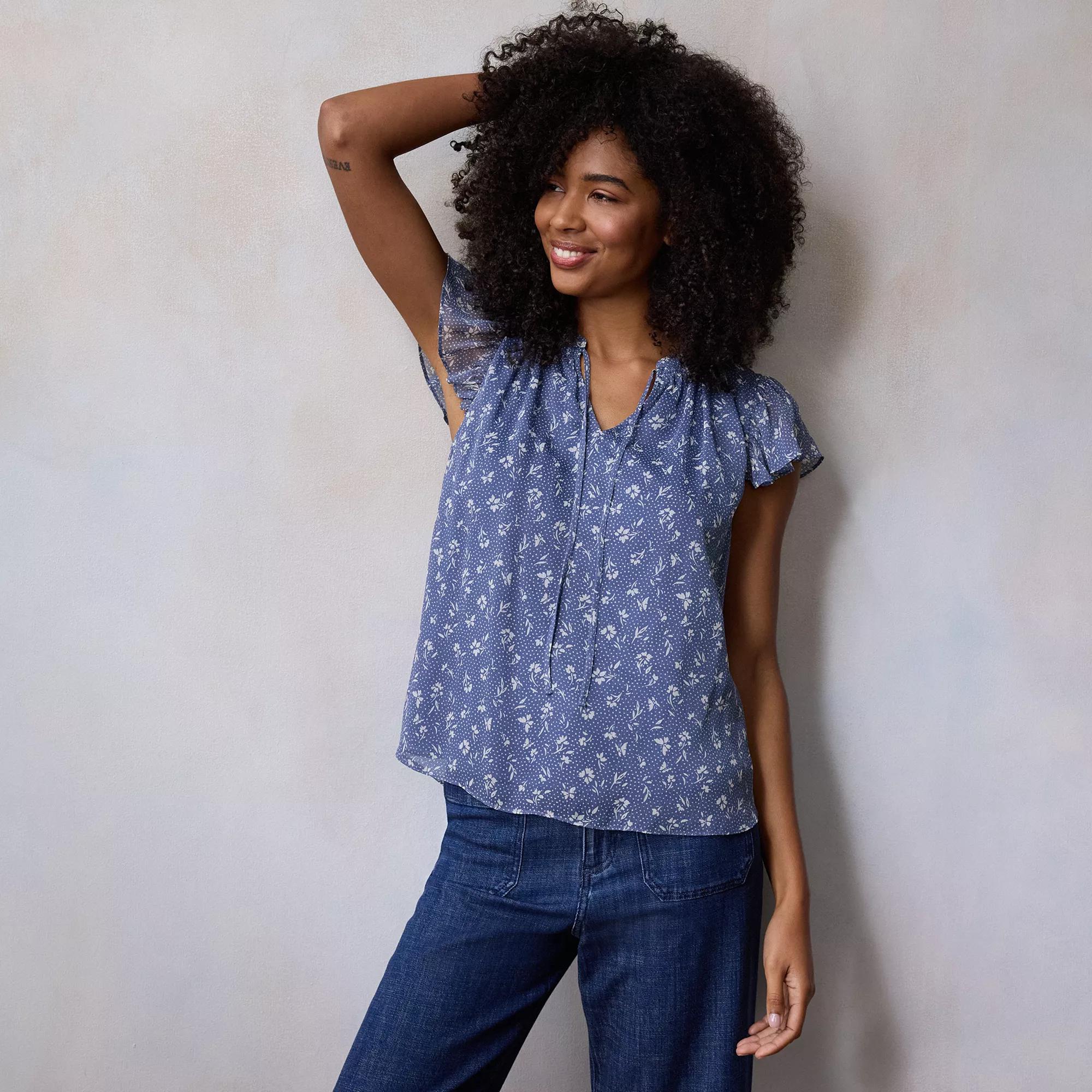 Petite LC Lauren Conrad Tie Front Ruffle V-Neck Shell Top, Women's, Size: Medium Petite, Blue Dottie Fleur Product Image