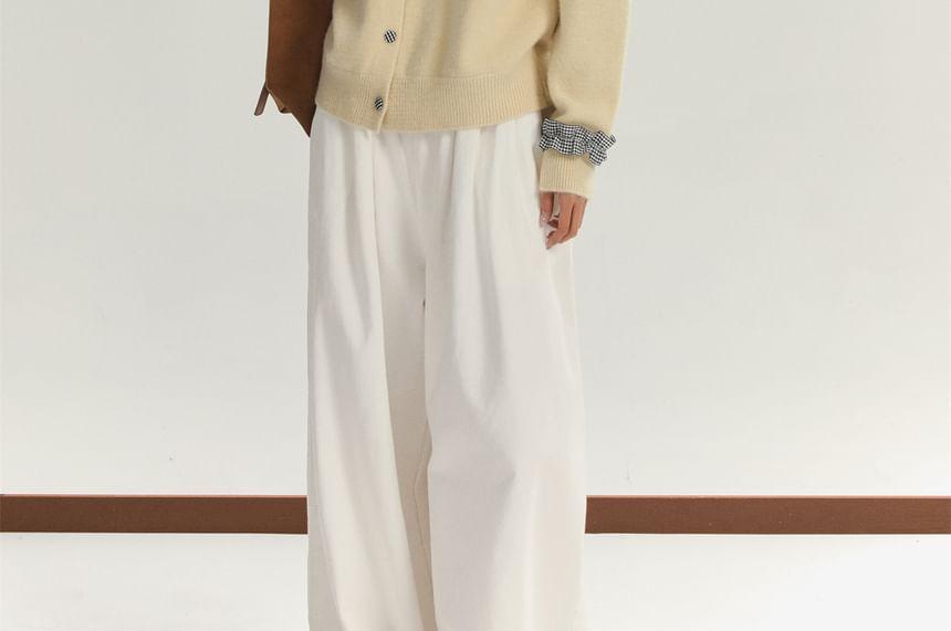 Crew Neck Gingham Panel Frill Trim Button-Up Cardigan Product Image