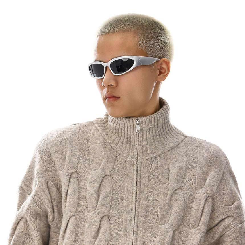 Stand Collar Plain Cable Knit Zip Cardigan Product Image