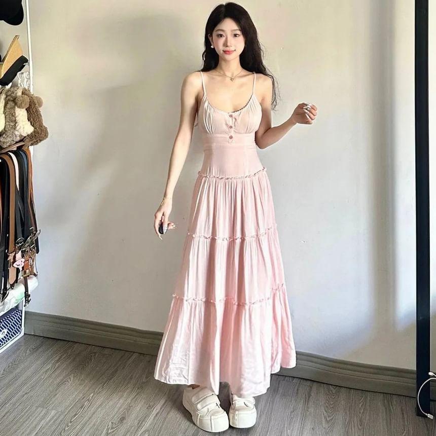 Spaghetti Strap Plain Tiered Button Maxi A-Line Dress Product Image