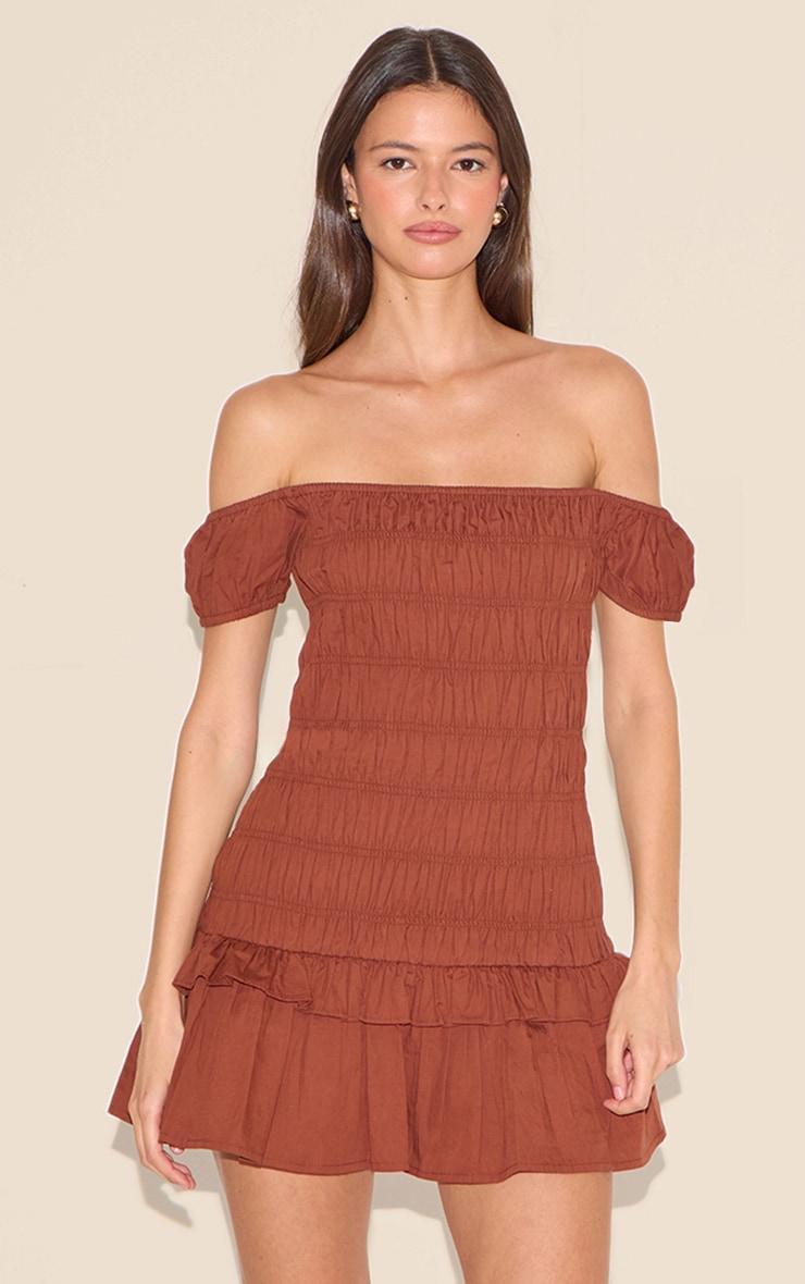 Chocolate Bardot Shirred Detail Shift Dress Product Image