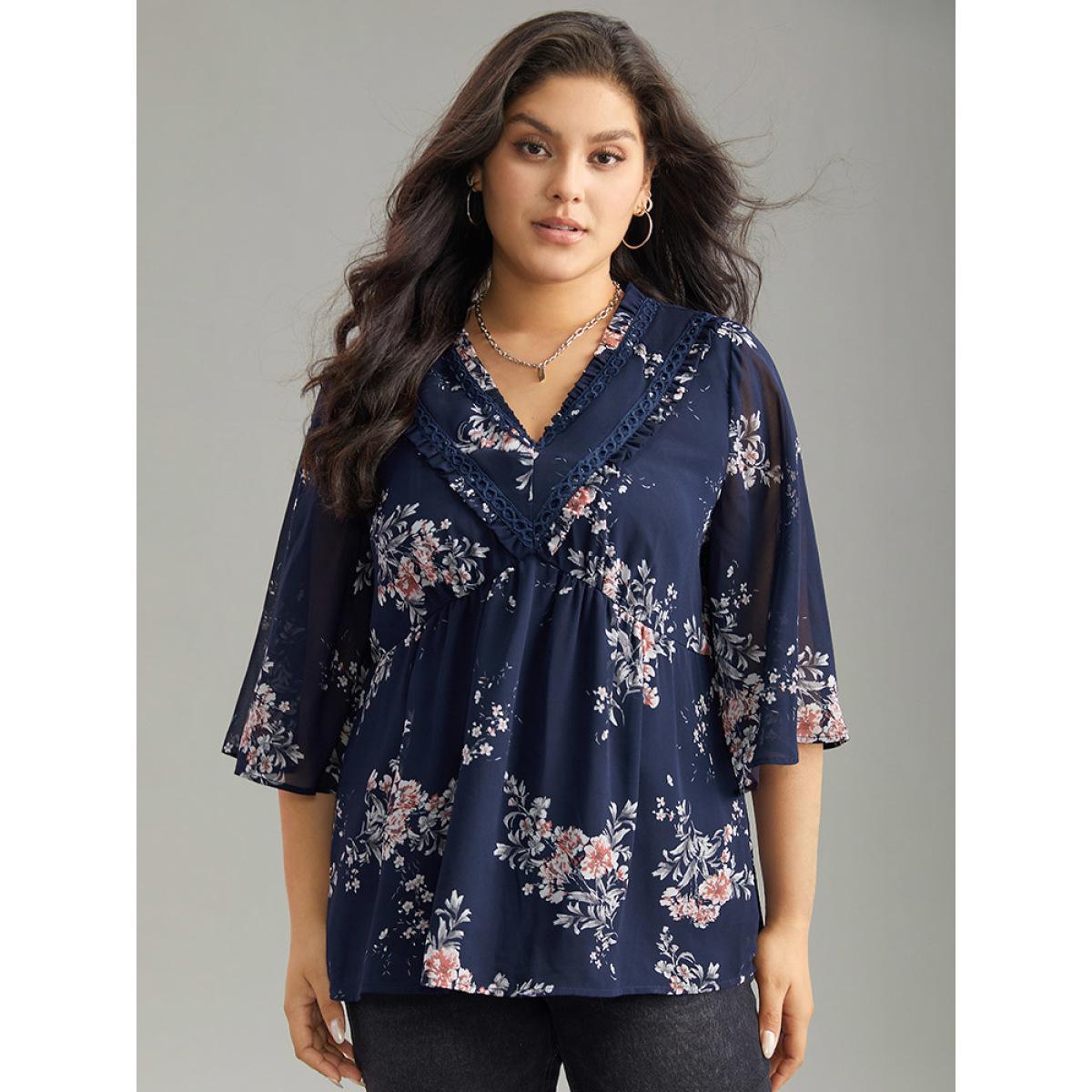 Plus Size Indigo Chiffon Floral Print Frill Trim Ruffle Blouse Women Elegant Half Sleeve V-neck Dailywear Blouses BloomChic 22-24/3X Product Image